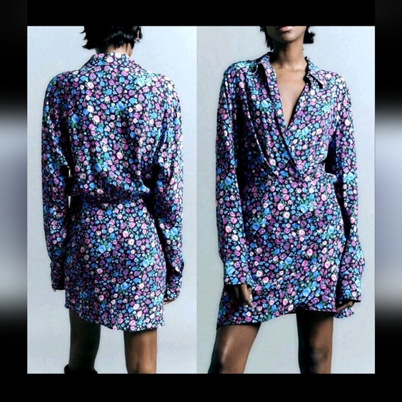 Zara Dresses & Skirts - NWT Zara Floral Satin Mini Dress Ruffled Blogger Favorite V-Neck Size M
